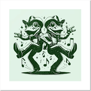 Dancing Frogs Cowboy Duo - Green rustic retro disco design Posters and Art